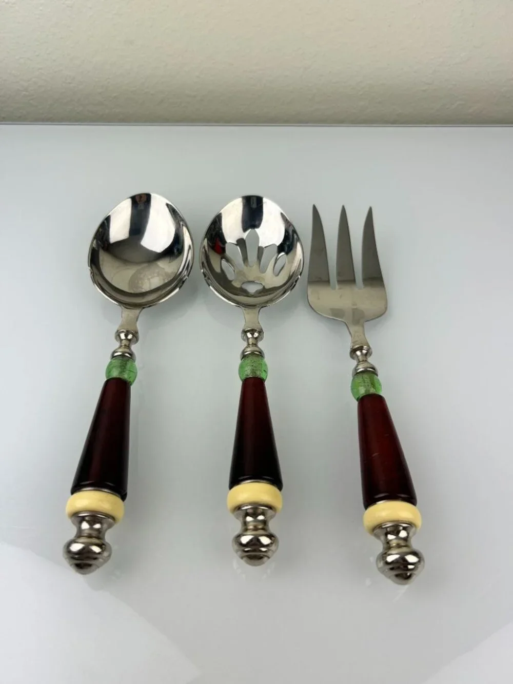 Lenox Holiday Gatherings 3 Pc Amber Green Serving Set Fork Spoon Slotted